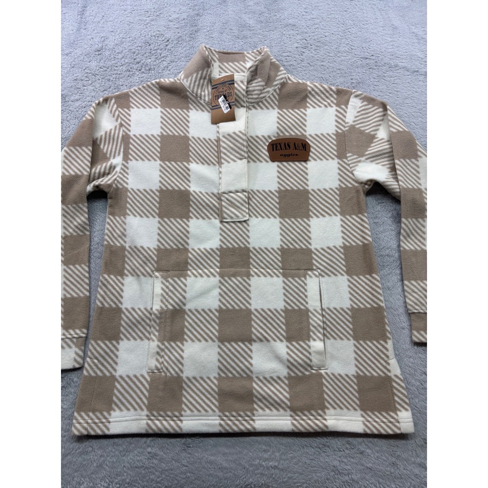 Texas A&M Aggies Fleece Pullover Plaid Tan Cream Womens Medium Rivalry‎ Threads